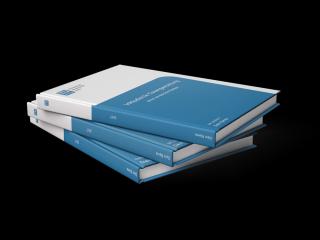 Ein Mockup von drei aufeinander gestapelten Hardcoverbindungen mit dem blau weißen Layout der TU Wien.